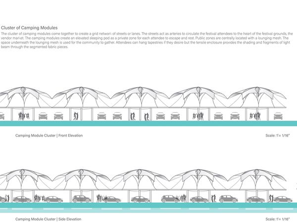 cluster of glamping modules for a music festival camping experience 