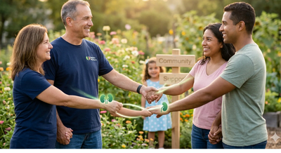 Two diverse couples in a garden, connected by glowing kidney icons and light trails to illustrate a 