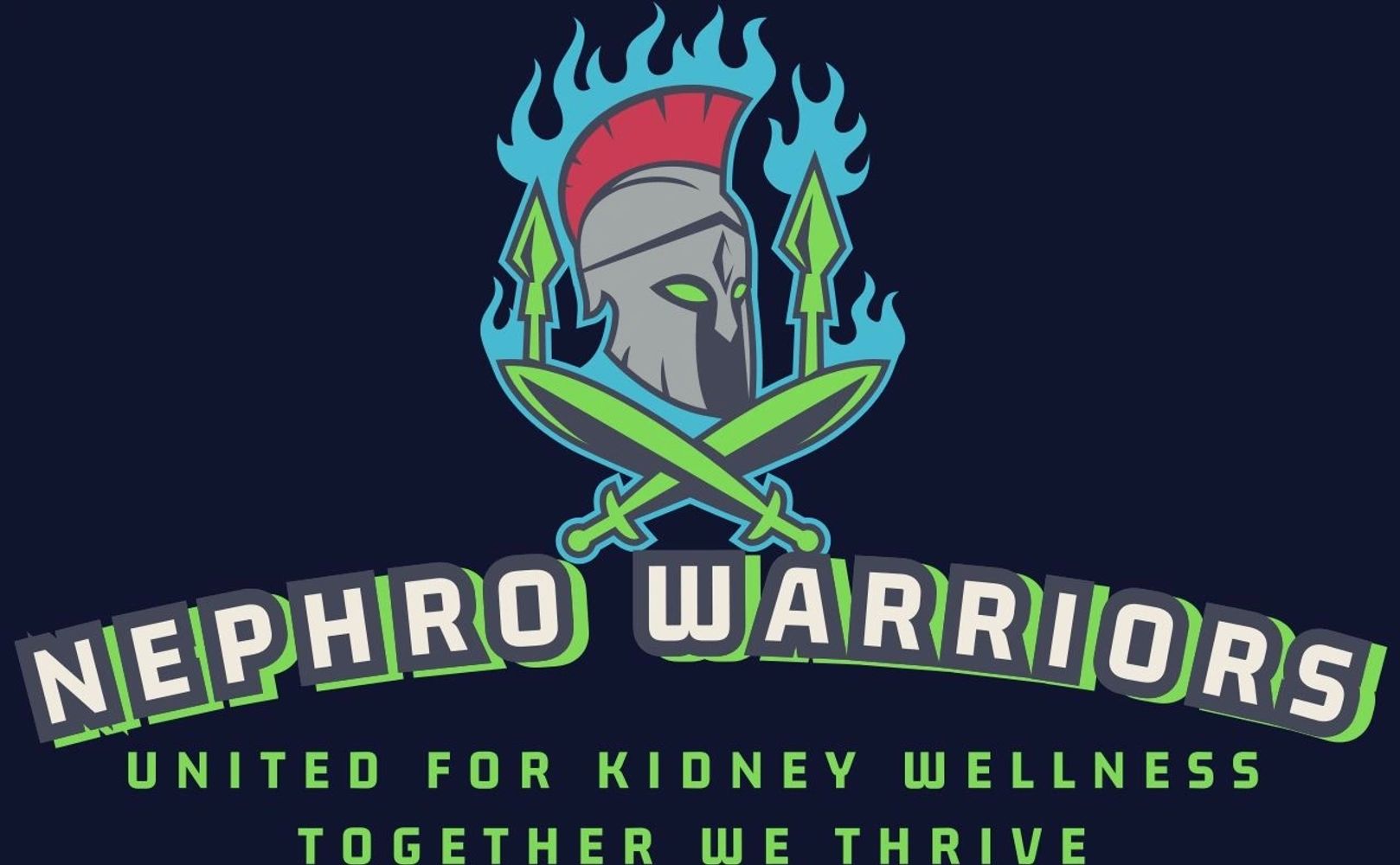 Logo of Nephro Warriors with a warrior helmet, swords, and kidney wellness message.