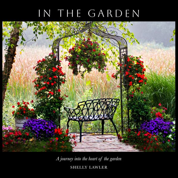 A peaceful garden arch with vibrant flowers and a wrought iron bench.