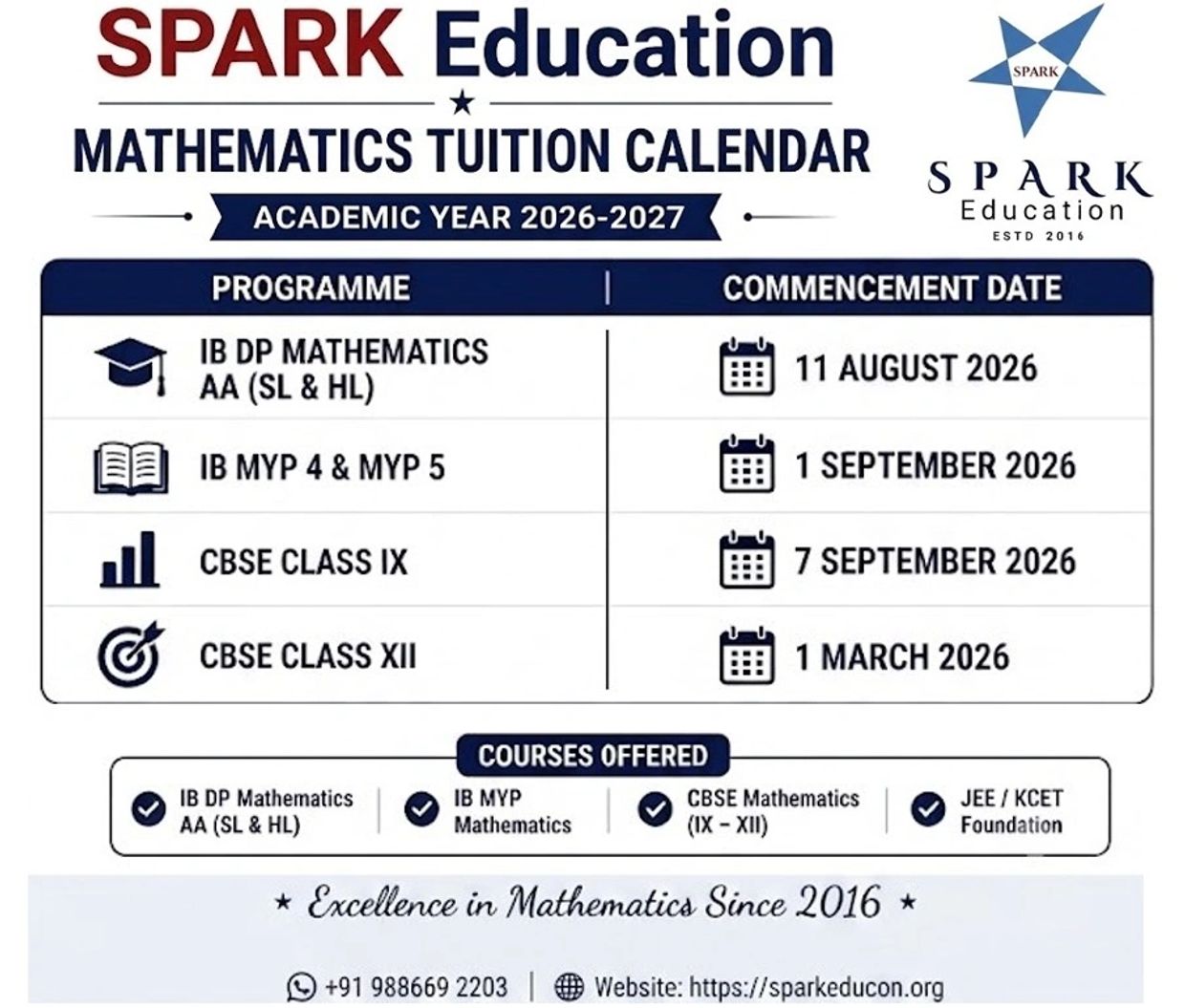SPARK Education's mathematics tuition calendar for academic year 2026-2027 with course start dates.