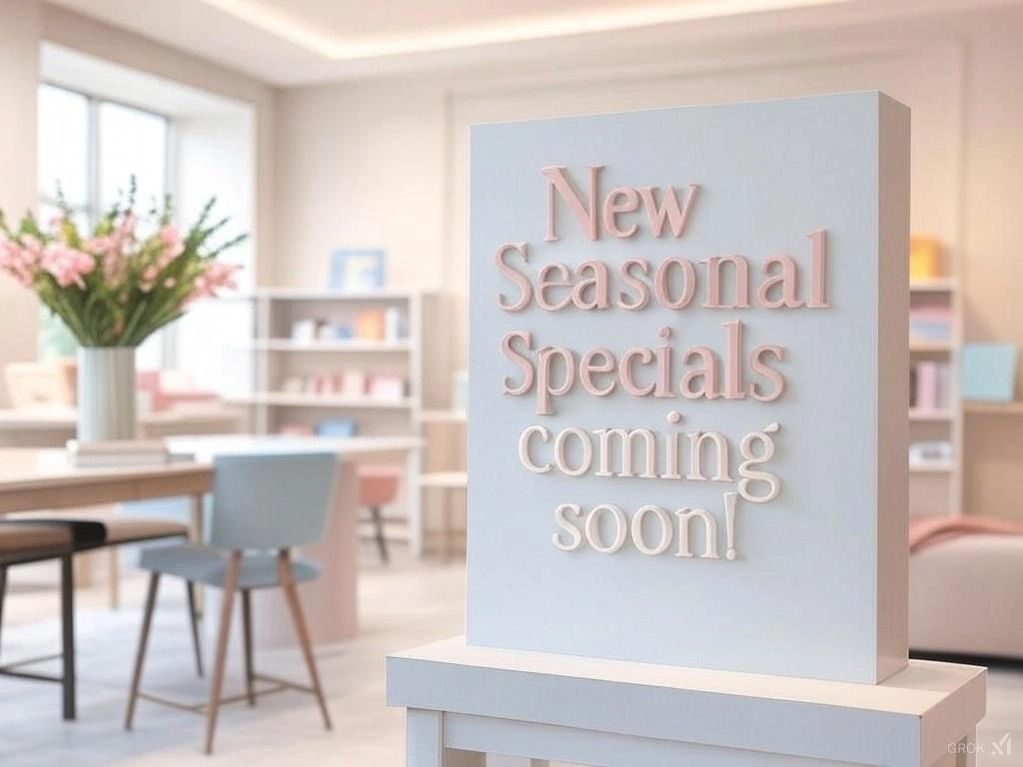 A sign reading "New Seasonal Specials coming soon!". The room is elegant with pastels.
