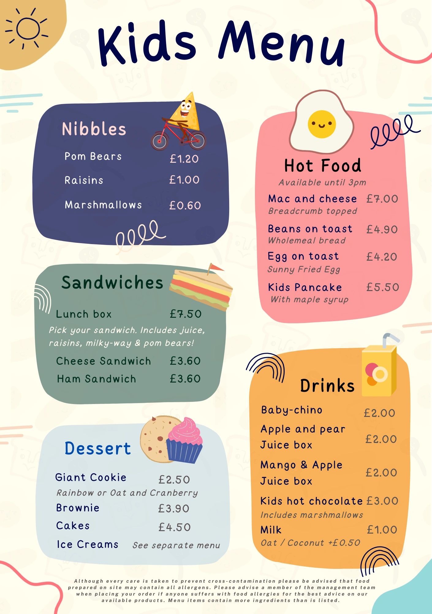 Under 12's food menu 