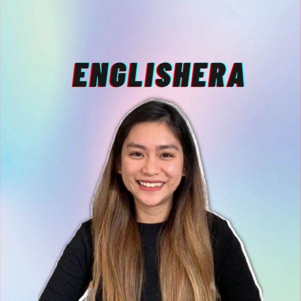 An English teacher smiling with ENGLISHERA written on top