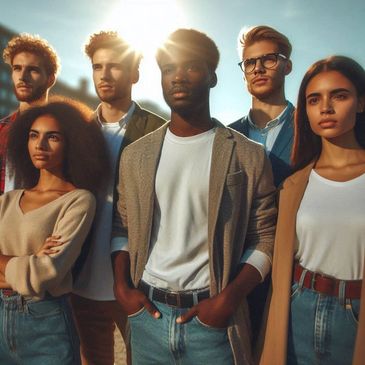 A diverse group of six young adults standing together outdoors with confident expressions.
