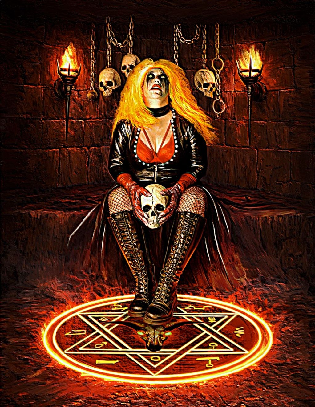 Woman with fiery hair sits in a dark room holding a skull, surrounded by flames and occult symbols.