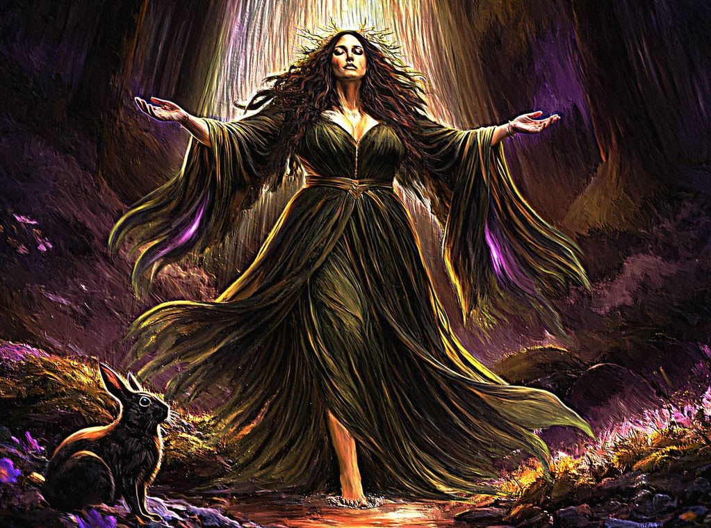 A mystical woman with flowing hair and dress stands with arms outstretched, a rabbit nearby in an enchanted forest.