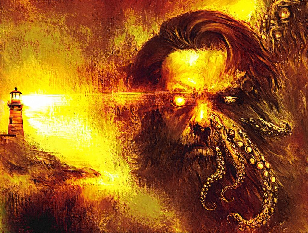 Surreal artwork of a bearded man with glowing eyes and octopus tentacles, illuminated by a lighthouse beam.