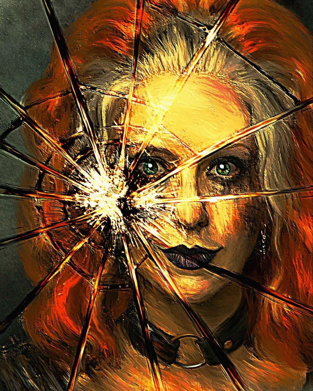 Portrait of a woman with fiery hair behind shattered glass.