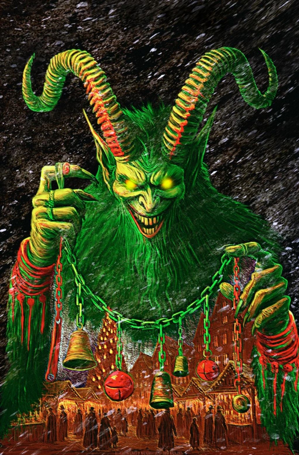 A menacing green creature with large horns holding a chain of bells over a festive village scene.