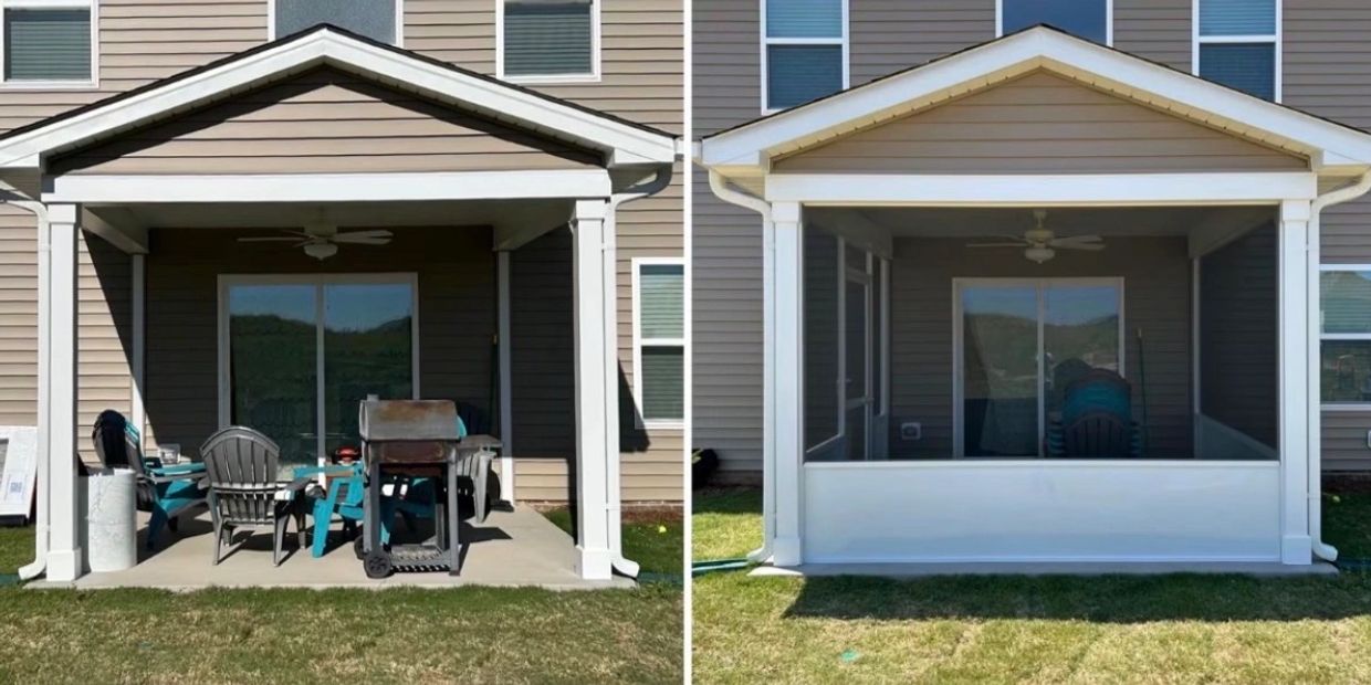 A patio transformed into a screened porch to keep insects out.