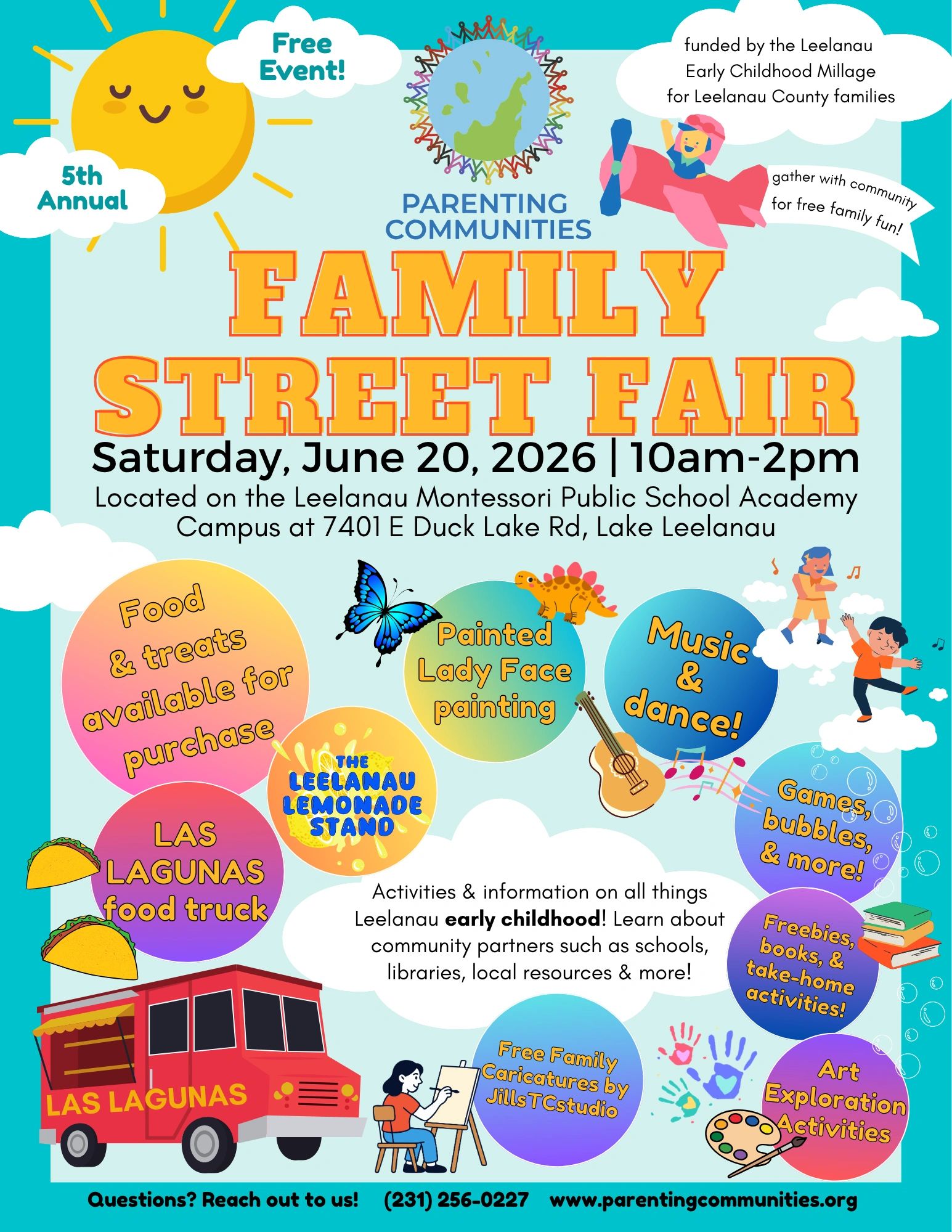 Colorful flyer for 5th Annual Family Street Fair on June 20, 2026, with fun activities and food trucks.