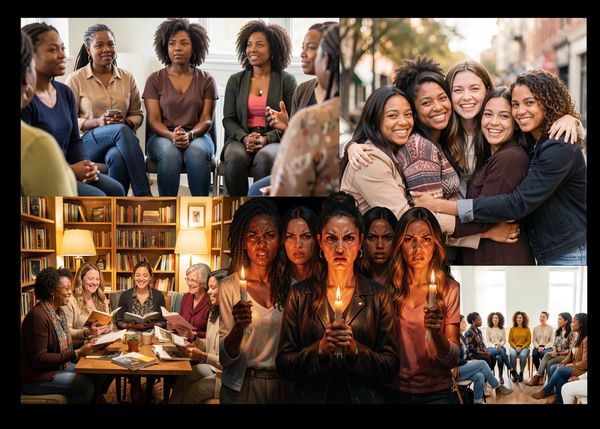 Diverse women in various group settings, sharing moments of conversation, support, and intensity.