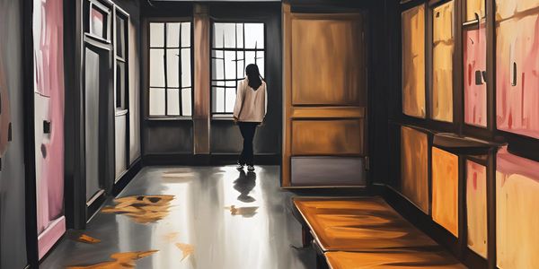 A lone figure stands by a window in a dimly lit, worn hallway.