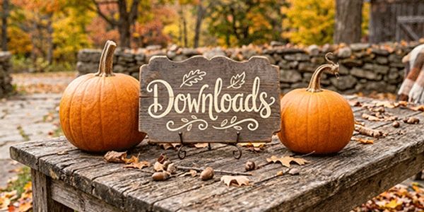 Two pumpkins and a wooden sign reading 'Downloads' on a rustic table in autumn.
