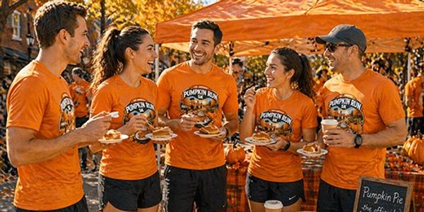 Group of friends in orange Pumpkin Run shirts enjoying pumpkin pie at an outdoor event.