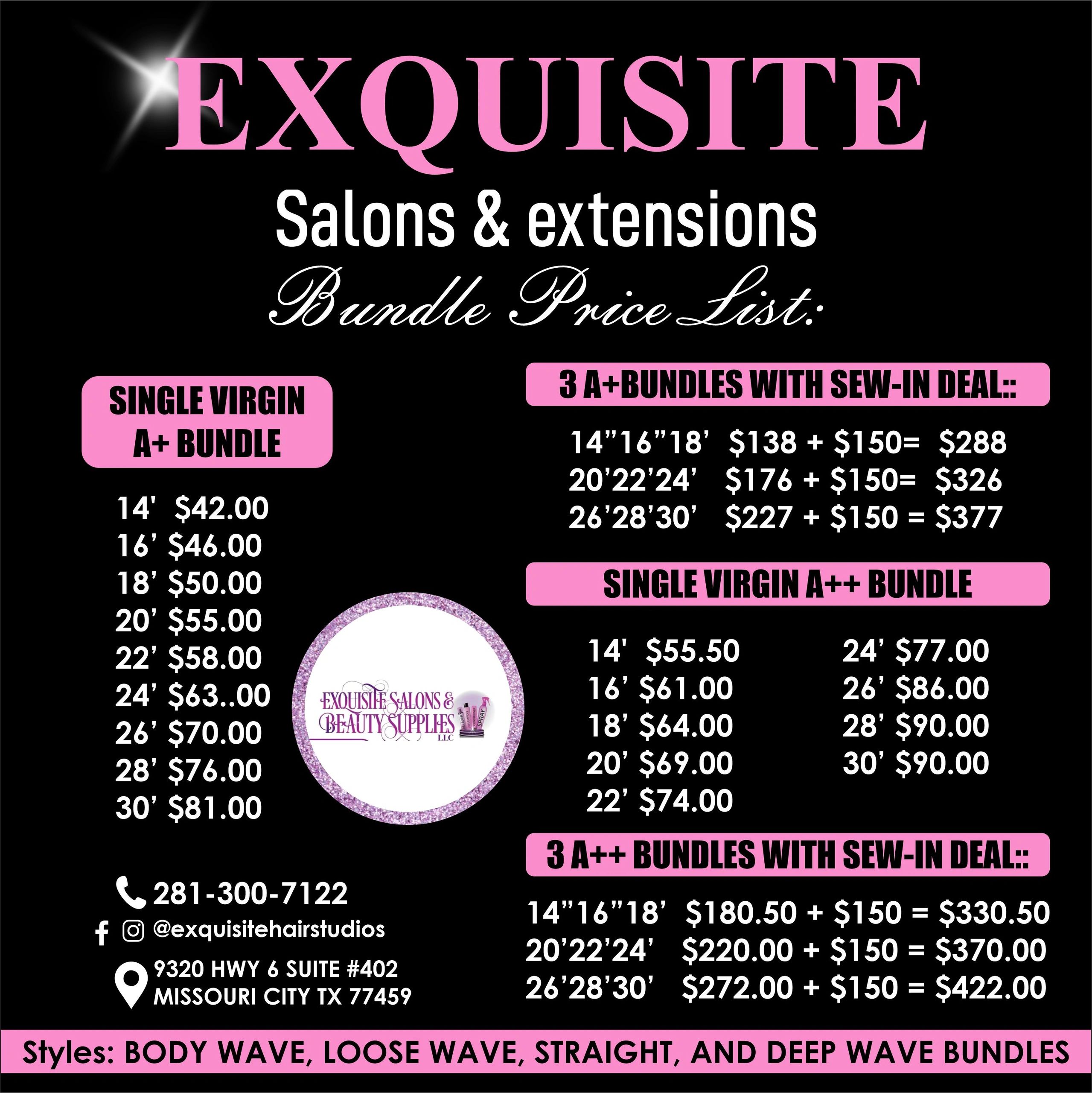 Exquisite Salons &amp; Extensions bundle price list with hair extension prices and deals.