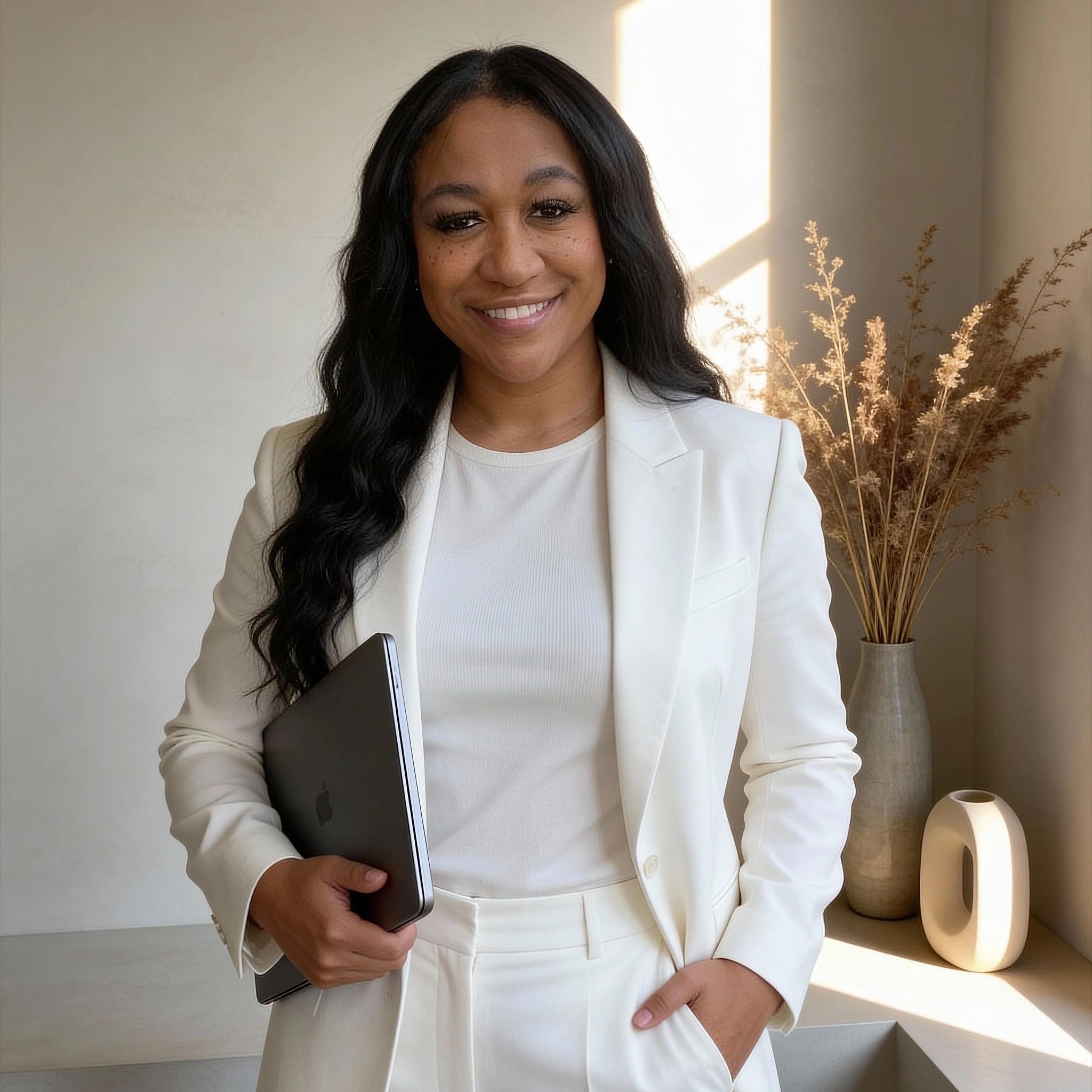 Confident woman in white suit holding a laptop, smiling warmly indoors.