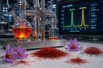 Scientific analysis of saffron with lab equipment and graphs.