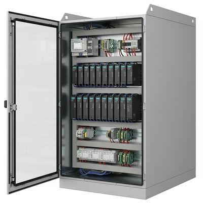 Open industrial control panel with Siemens modules and wiring inside a metal cabinet.