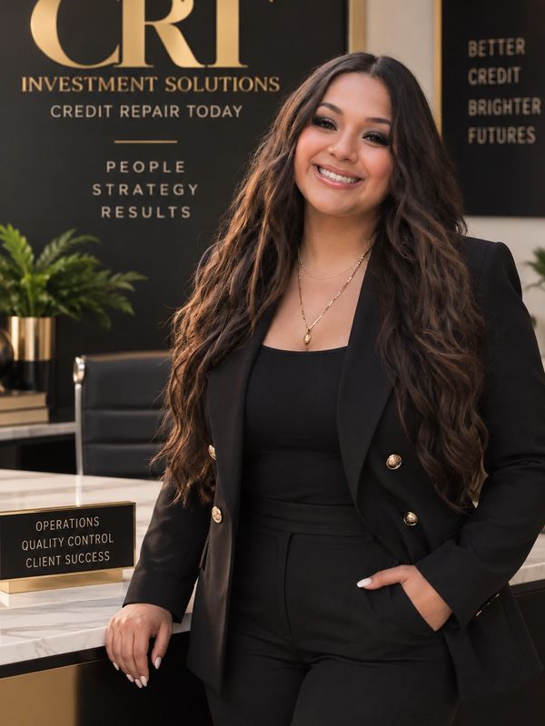 Smiling woman in black outfit in professional office.