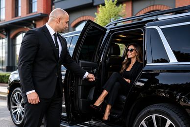 Chauffeur opening car door for woman.