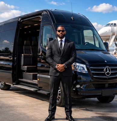 Man in black suit stands in front of black Mercedes van.