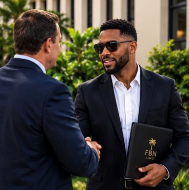 Two men shaking hands outdoors, one holding a folder.