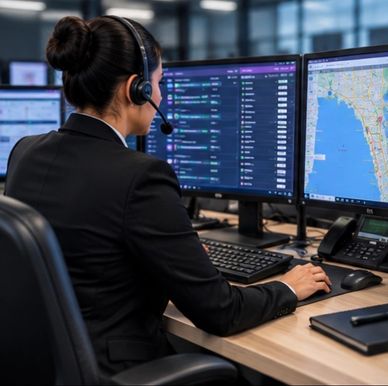 Woman customer service agent at work with multiple monitors.