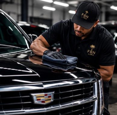 Man polishing a black Cadillac car.