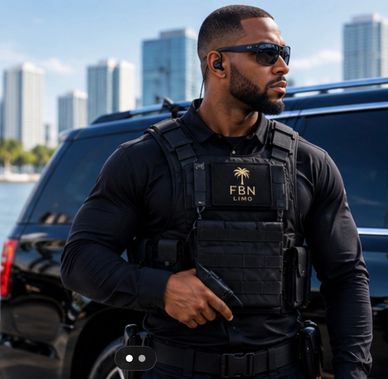 Security guard with tactical gear and sunglasses.