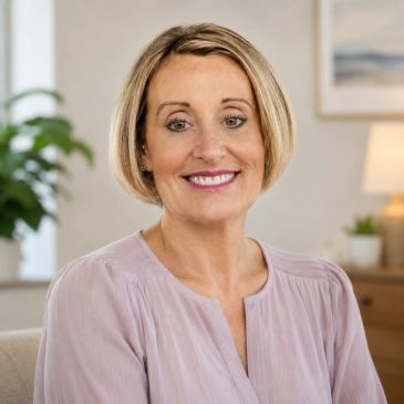 Smiling middle-aged woman with short blonde hair.