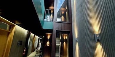 Modern architectural interior with dramatic lighting.
