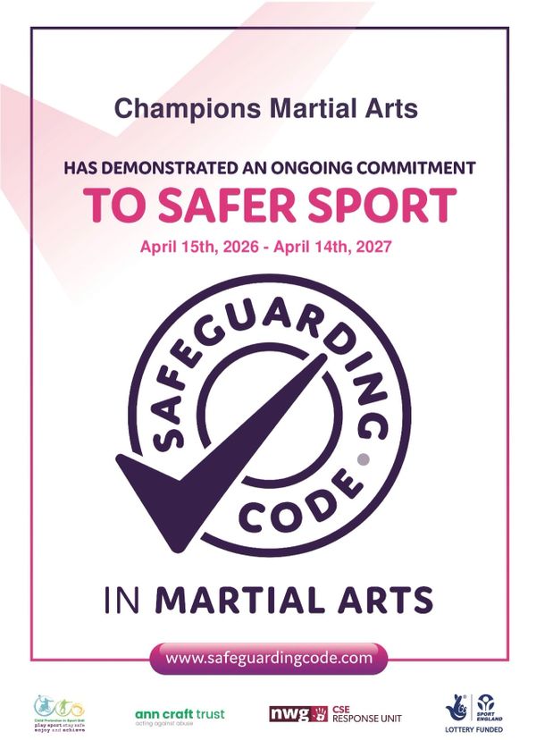 Certificate for Champions Martial Arts' commitment to safer sport in martial arts from 2026 to 2027.