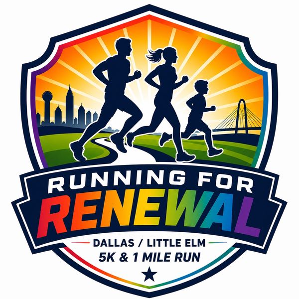 Colorful logo for a 5K and 1-mile run promoting renewal in Dallas and Little Elm.