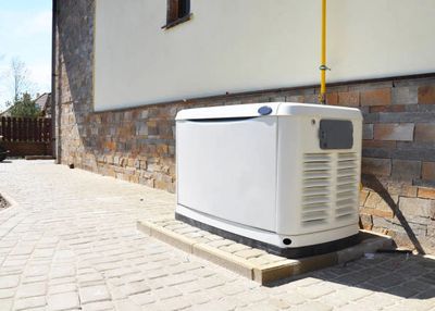 A white standby generator installed outside a house on a paved area.