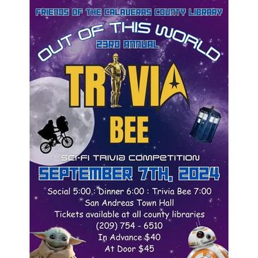 Sci-fi themed trivia bee event poster for Calaveras County Library.