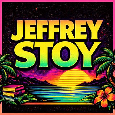 Vibrant sunset beach scene with 'Jeffrey Stoy' in bold text.
