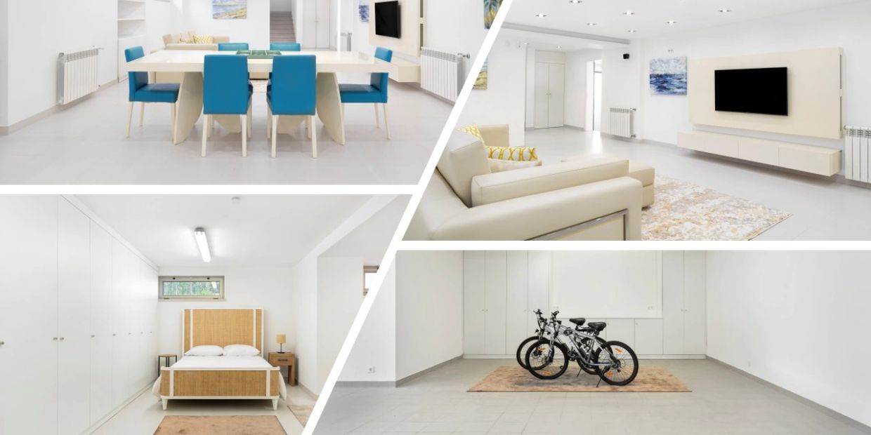 Bright modern apartment with dining, living, bedroom, and bike storage areas.