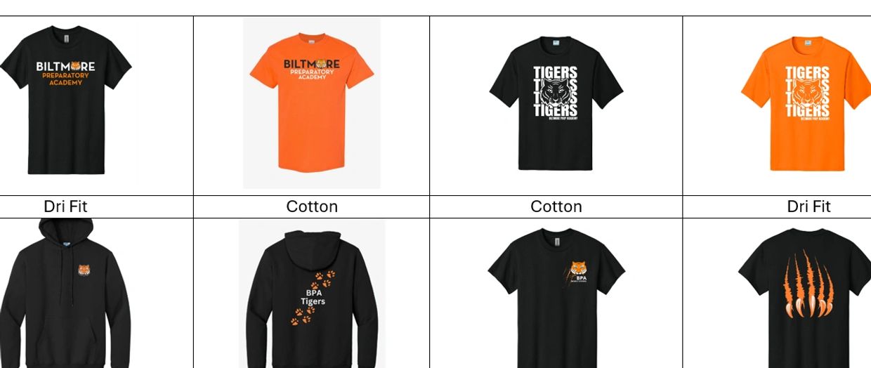 Biltmore Preparatory Academy apparel including t-shirts and hoodies in black and orange.