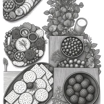Black and white sketch of snack trays with fruits and crackers.