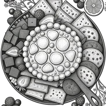 Black and white drawing of assorted snacks on a plate.