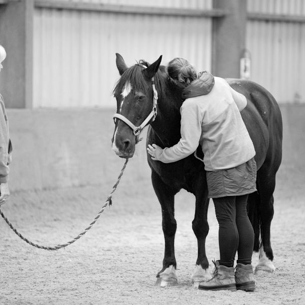 Person hugging a horse in an indoor arena while another holds the lead rope.