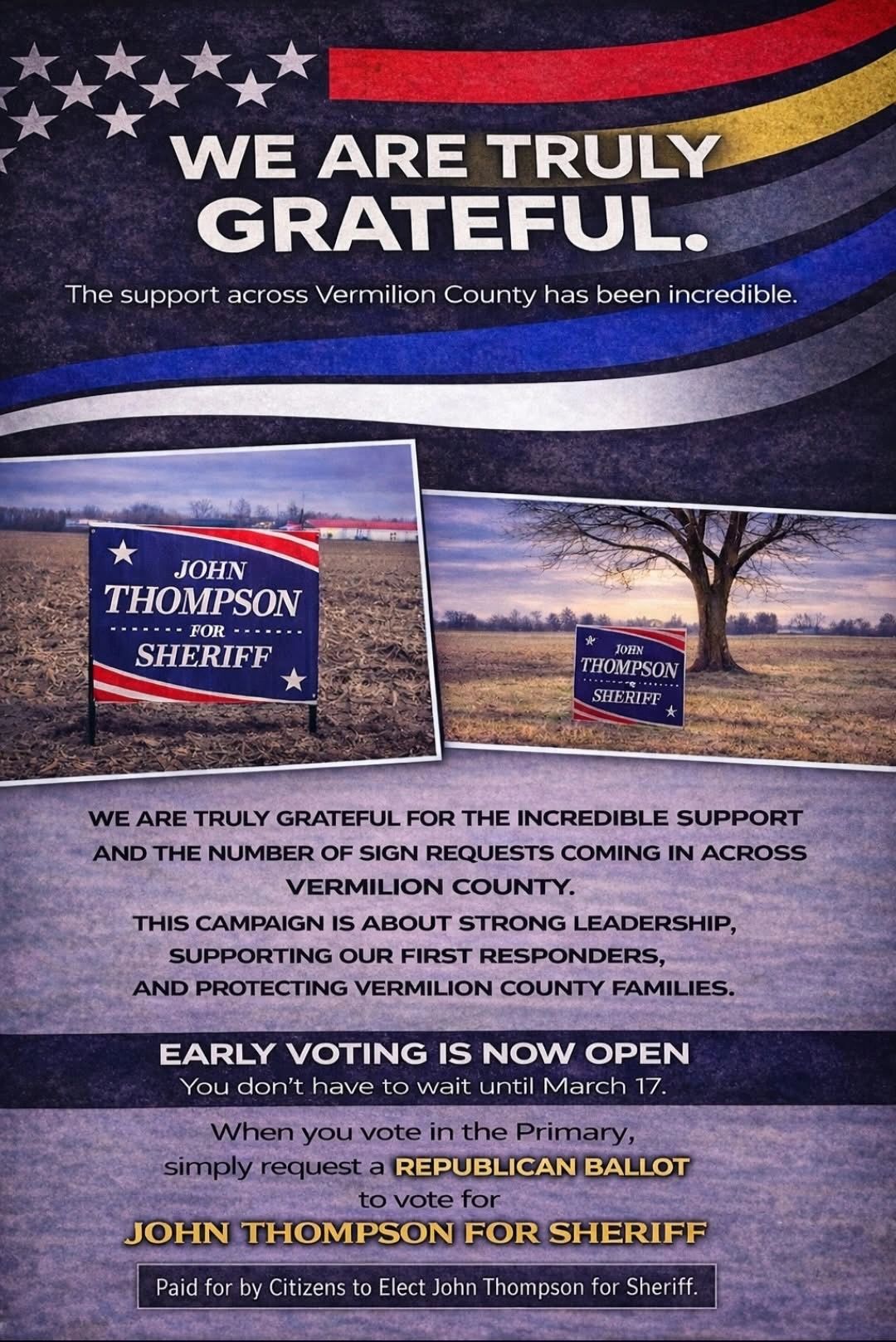 Campaign poster expressing gratitude for support in Vermilion County for John Thompson for Sheriff.