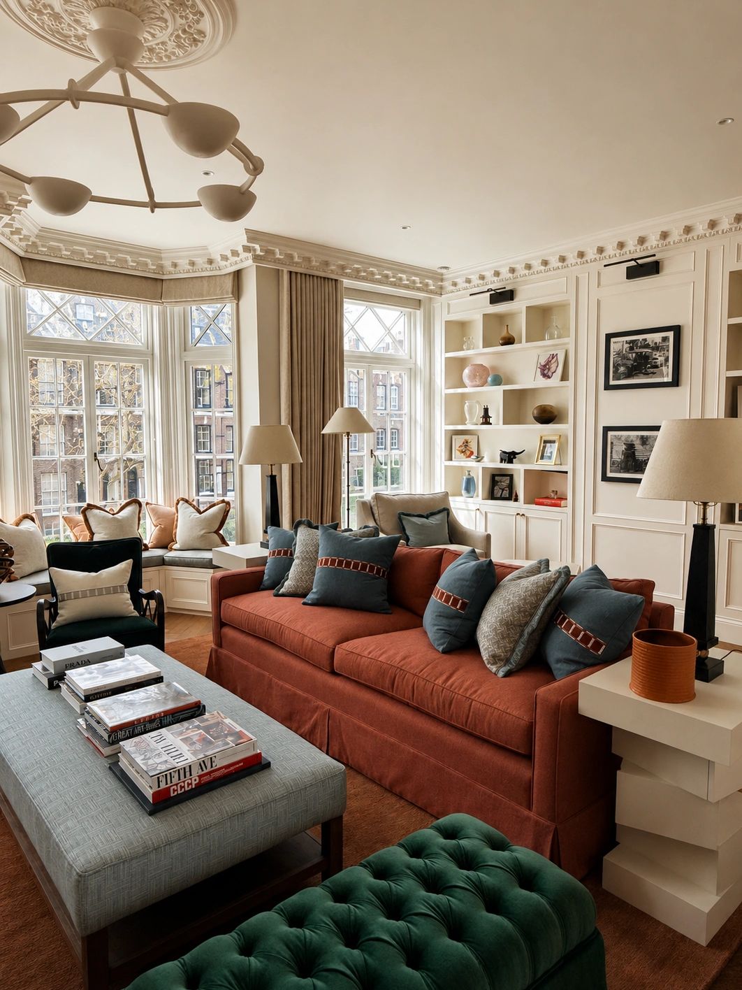 Elegant living room with a rust-colored sofa and large windows.
