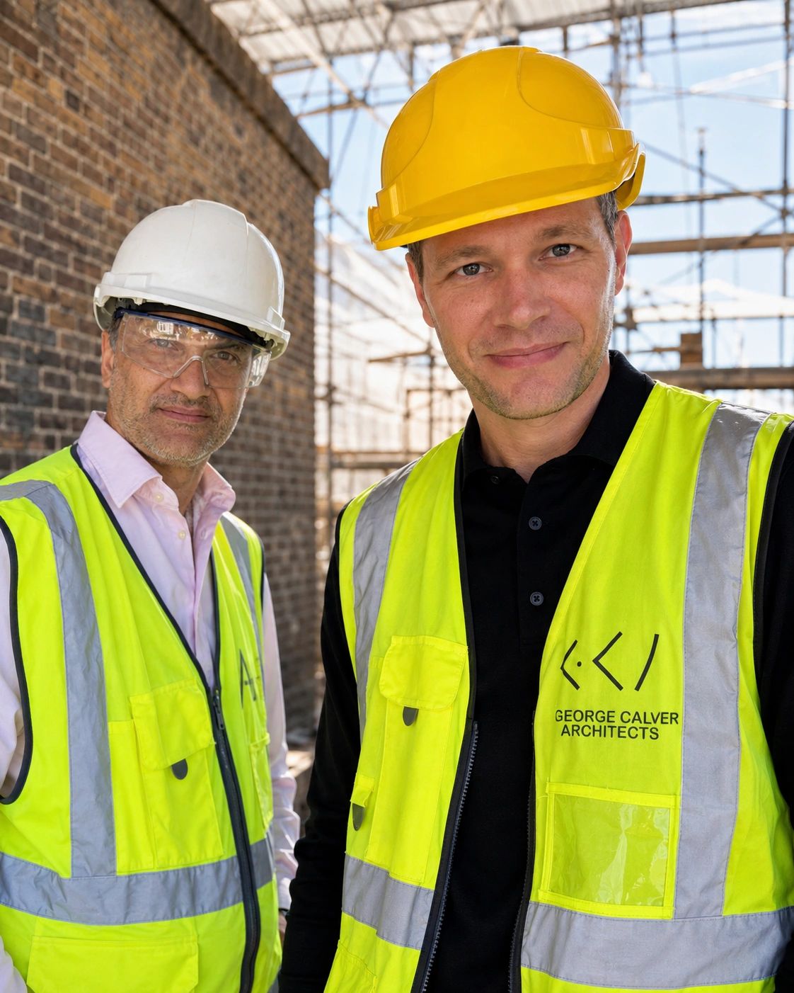 Two architects wearing safety gear at a construction site.