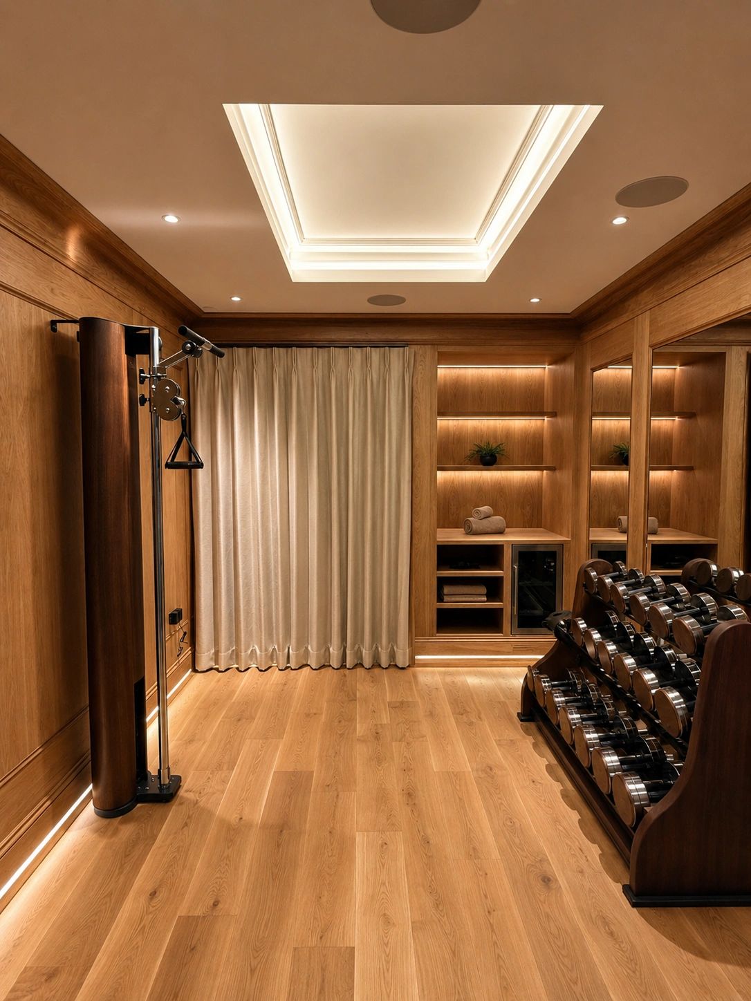 A warm, wood-paneled home gym with dumbbells and soft lighting.