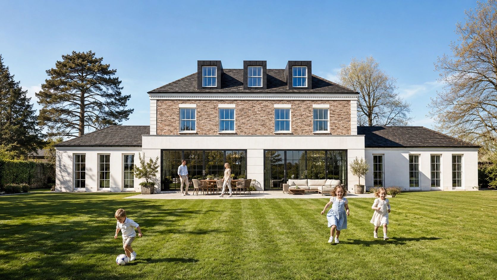 A family enjoys a sunny day in the backyard of a large modern house.