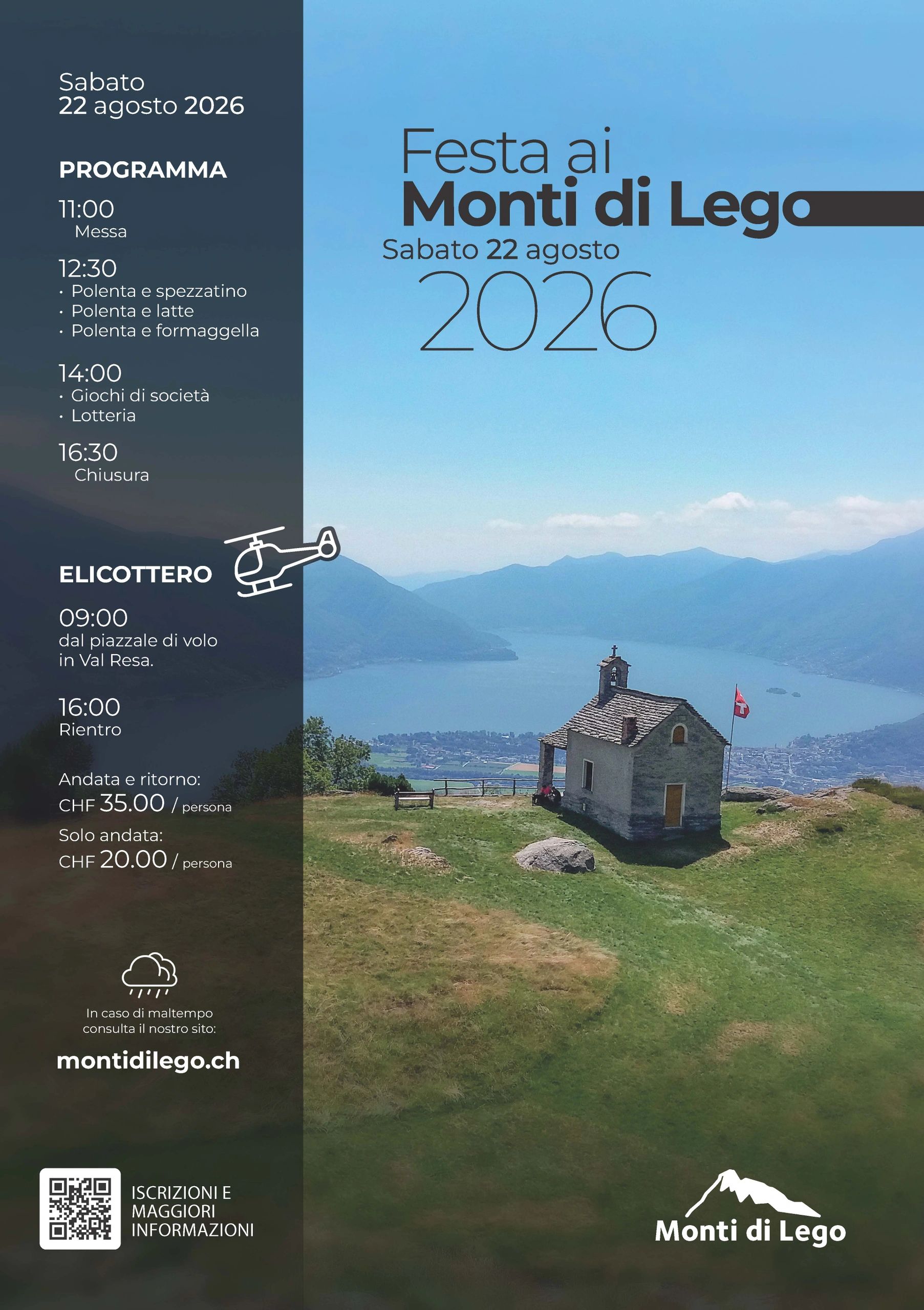 Festival program for Monti di Lego on August 22, 2026, with meals, games, and helicopter rides.