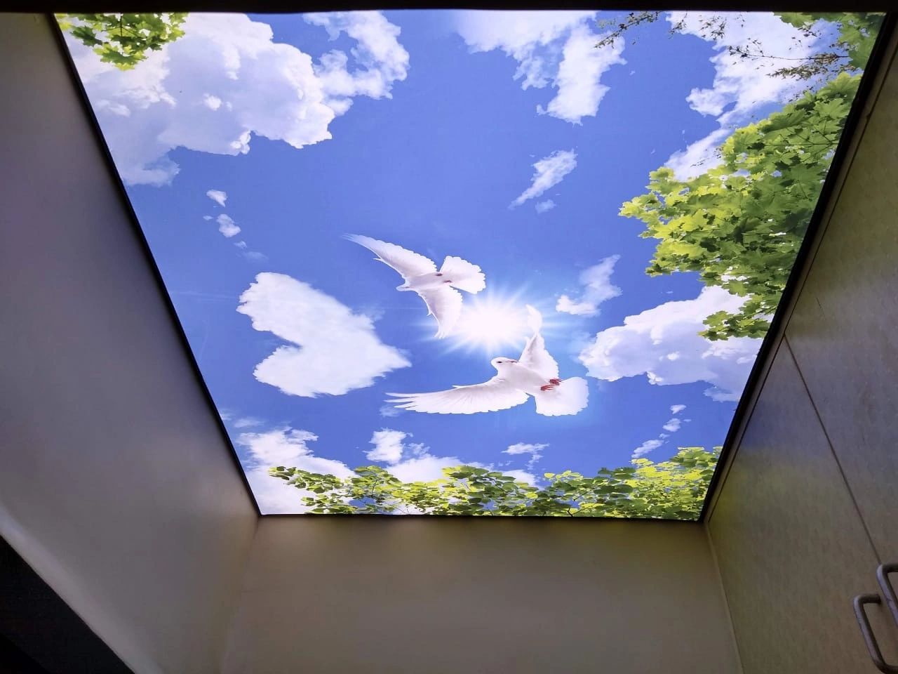 Ceiling mural of blue sky, white clouds, green leaves, and two white doves.
